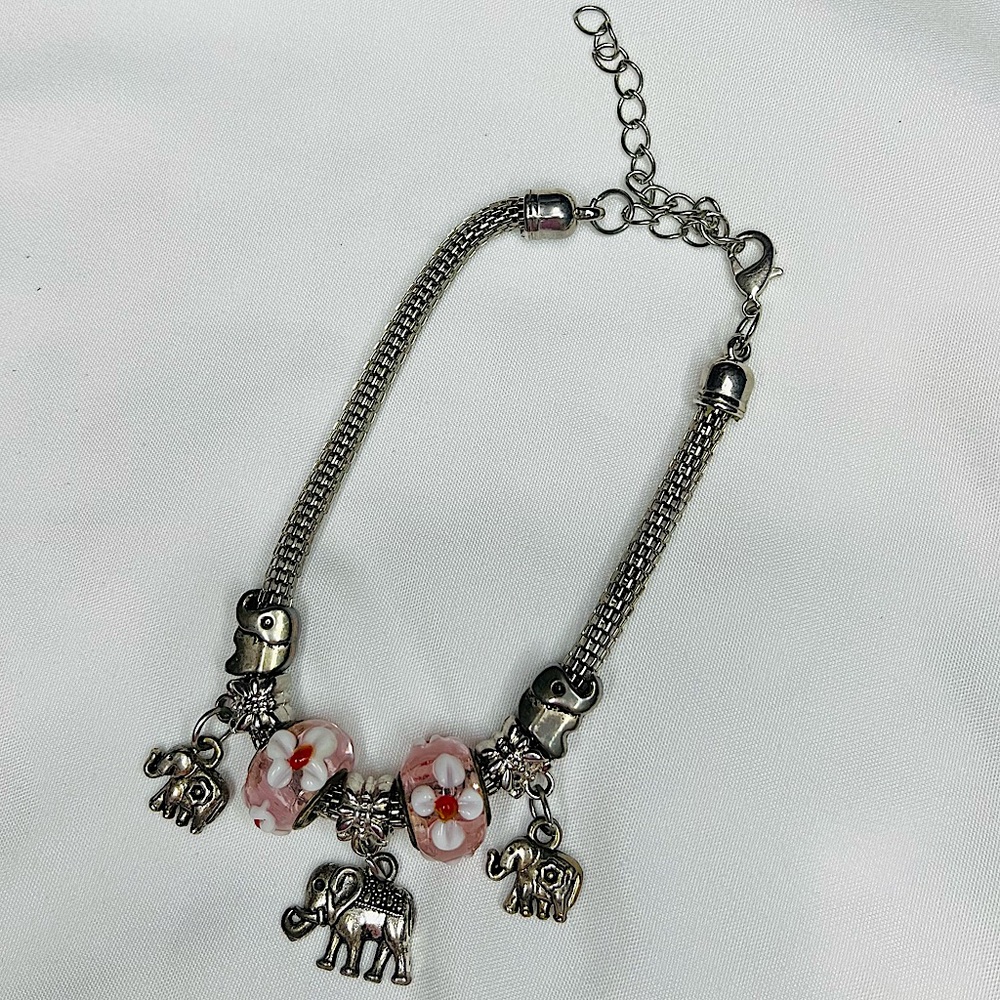 Elephant & Floral Beaded Silver-Tone  Snake Charm Bracelet
